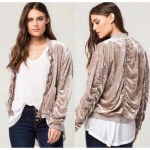 Free People Ruched Velvet Bomber Jacket Sz L Soft Stretch Feminine Champagne